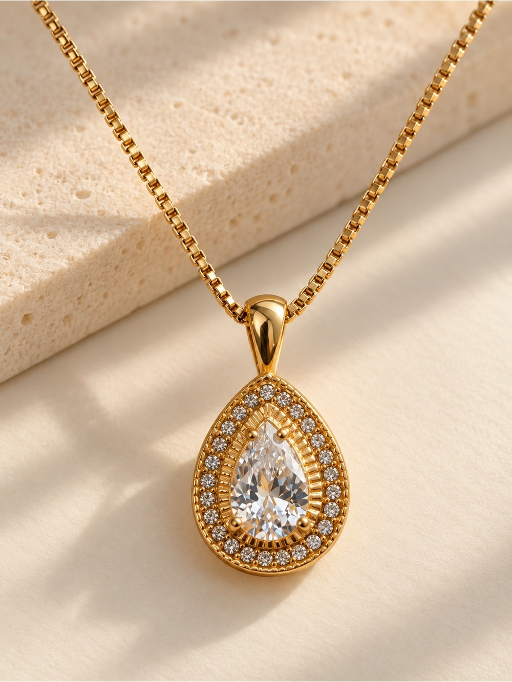 Classic Teardrop 18k Gold Plated Pendant Necklace with Clear Cubic Zirconia